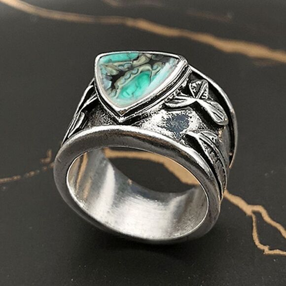 SILVER TURQUOISE GEOMETRIC BOHO WESTERN LEAF UNISEX RING - Picture 4 of 5